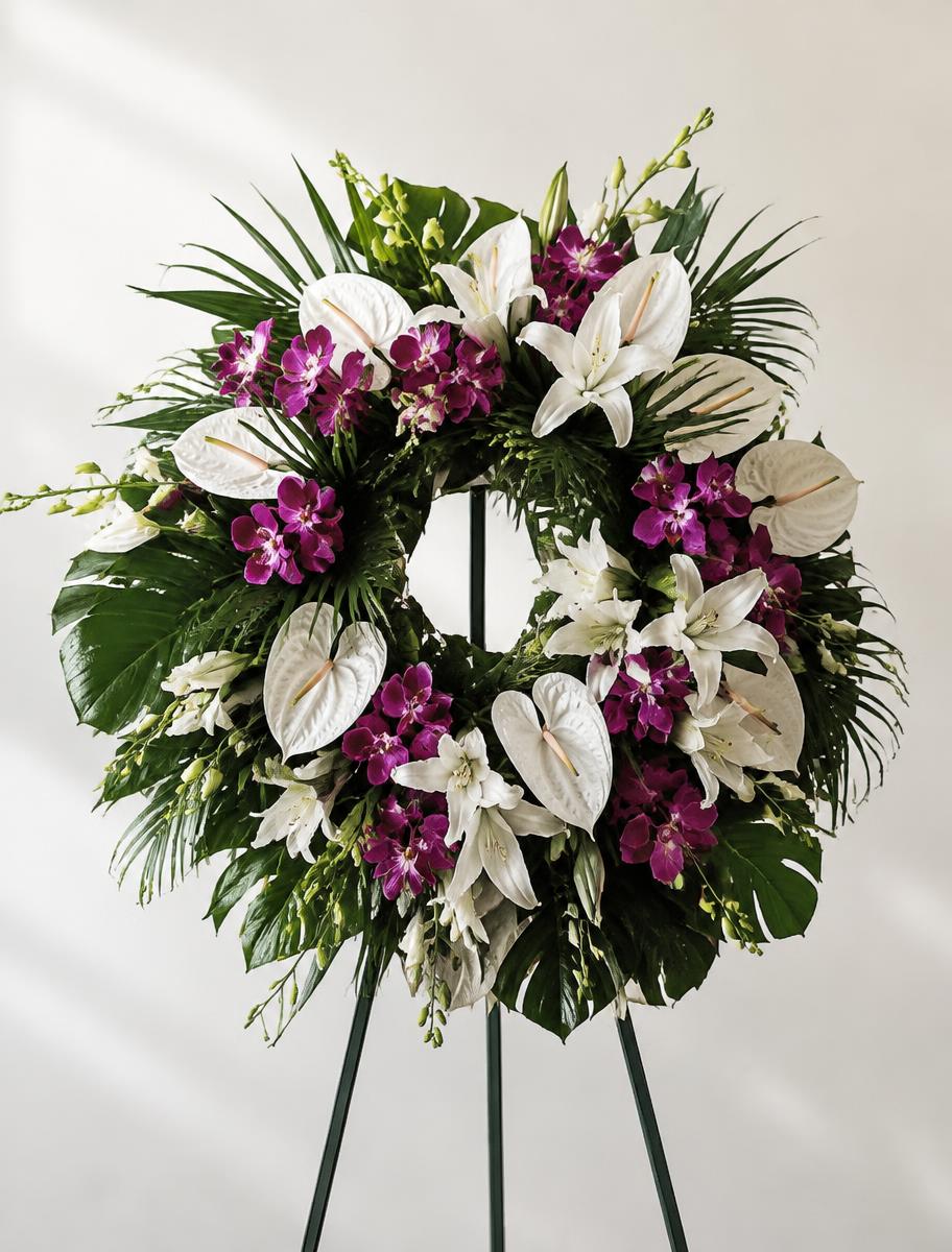 A sympathy wreath of white anthuriums, lilies and purple orchids on an easel